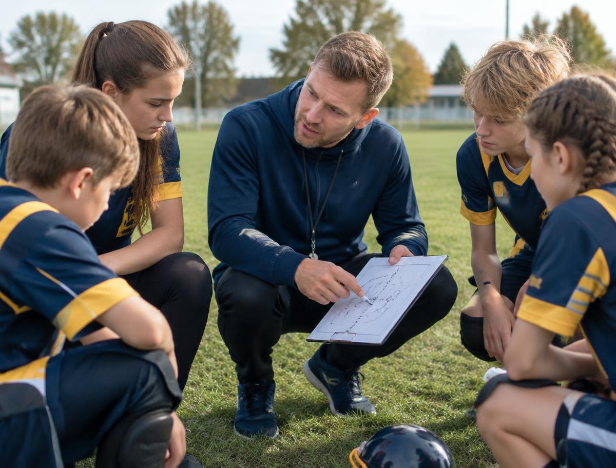 Coach explaining a play to youth athletes
