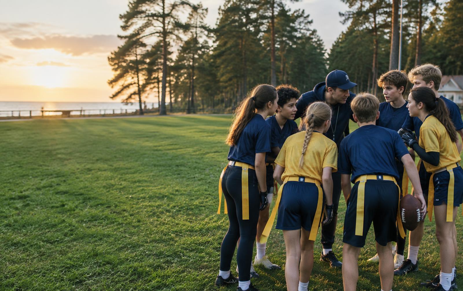 Young athletes huddle with their coach on a Jūrmala field